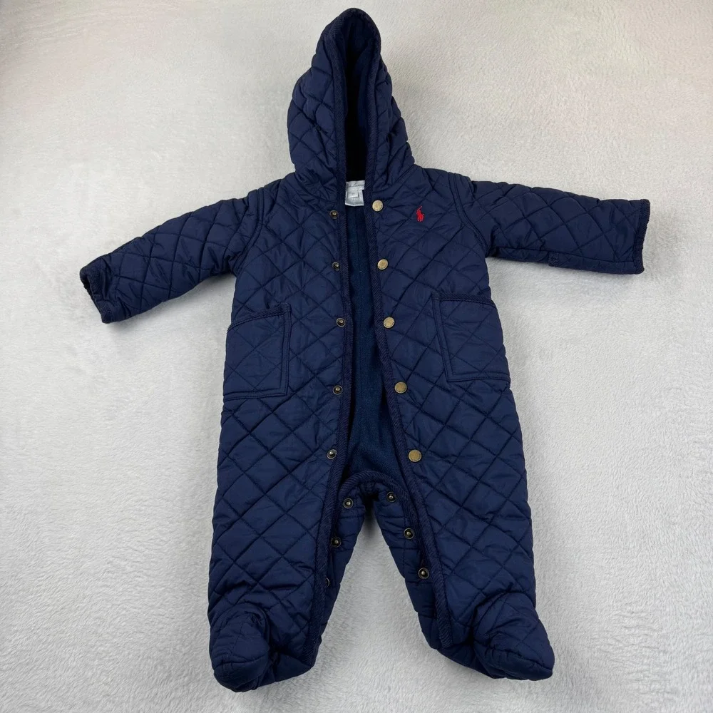 Ralph Lauren Quilted Bunting Pram Suit Baby 6M Navy Blue Fleece Lined Hooded